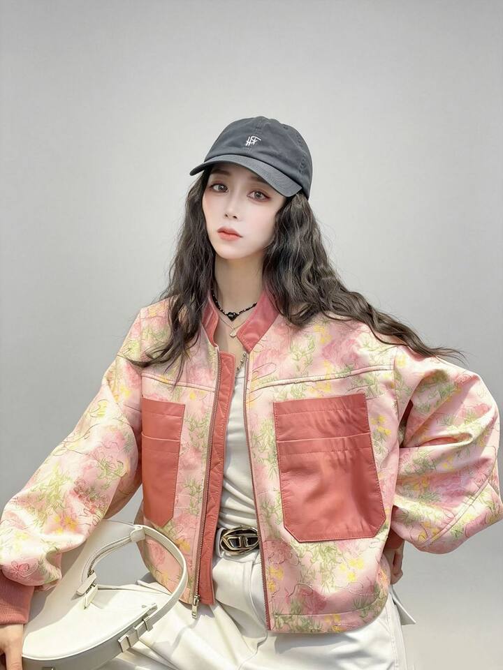 Áo khoác cardigan nữ dáng rộng họa tiết retro in 3D cổ đứng khóa kéo — Màu cam, Màu hồng chi tiết 8