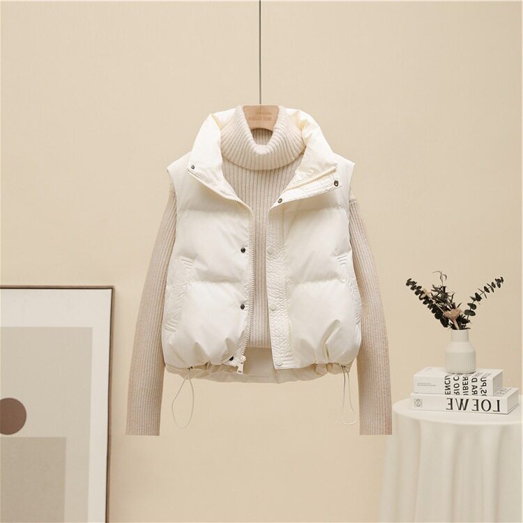 Áo khoác ngắn nữ dáng vest cổ đứng, phối túi khóa kéo ngực, giữ ấm mùa đông — Màu trắng nhạt, Xanh quân đội, màu đen, nâu chi tiết 4