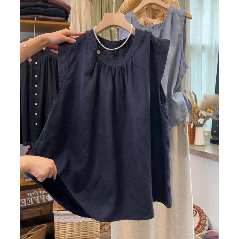 Amazon Foreign Trade Summer Cotton-Linen Flutter Sleeve T-Shirt for Women, Plus Size Casual Loose Cotton Sleeveless Top Shirt