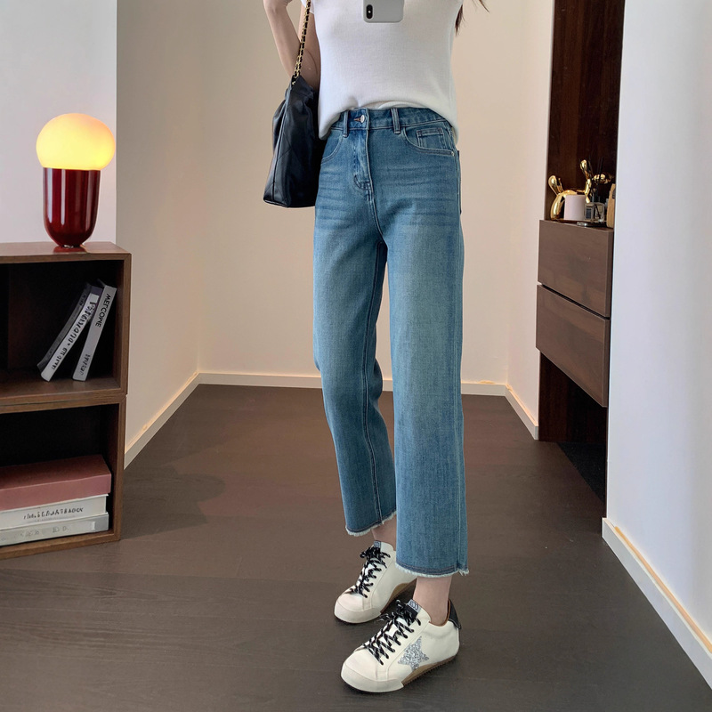 Unrestrained Straight-Leg Pants, High-Waisted, Slim, Comfortable, Breathable, Straight-Leg Casual, Versatile, Four-Way Stretch Raw Edge Jeans