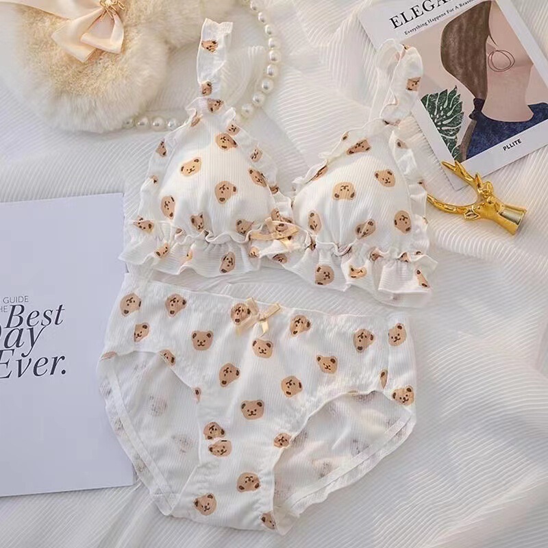 New Japanese cute bear girl underwear wireless anti-sagging small chest thin triangle cup bra suit