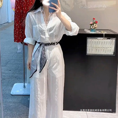 2025老钱风套装感蕾丝衬衫上衣御姐时尚微透休闲长裤两件套女