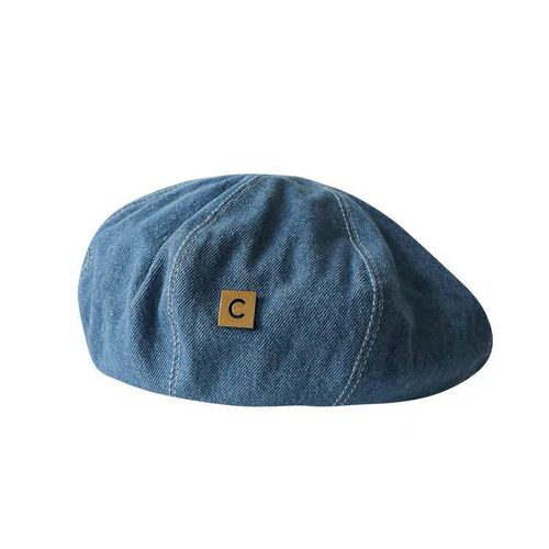 High-end Korean-style denim baseball cap for women, large head circumference, suitable for spring and autumn, letter denim blue hat, round face, retro octagonal design