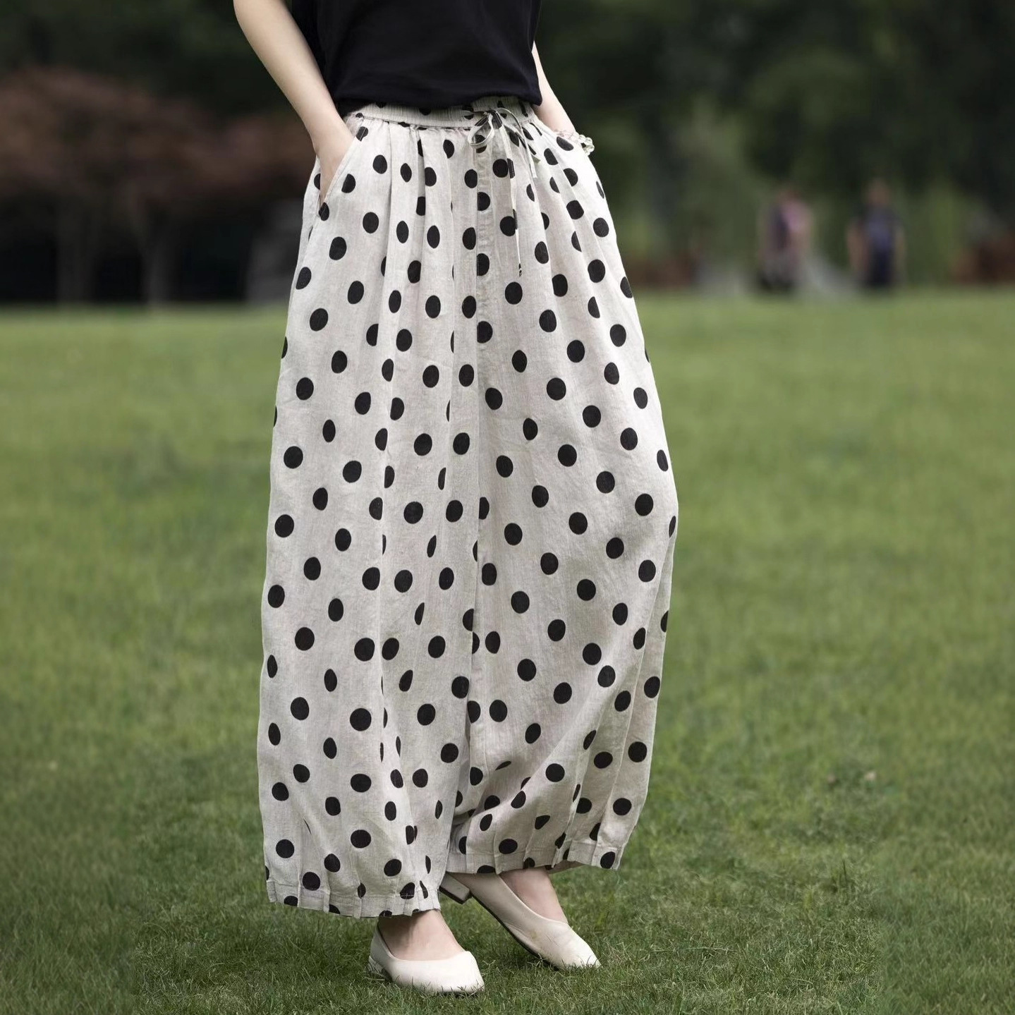 秋季新亚麻腰果花格子女系带舒适松紧腰直筒裤宽松休闲九分萝卜裤