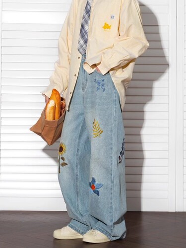 American style niche retro washed embroidery jeans for men and women, trendy brand, high-end, loose casual wide-leg pants