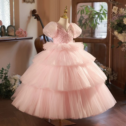 Children's evening dress pink princess dress, stylish for big kids fashion show puffed dress for girls, host piano performance costume autumn
