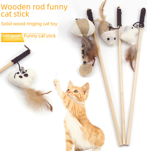 Wooden Stick Cat Wand Wooden Stick Mouse Cat Stick Wooden Feather Pet Toy Pet Cat Wand Pet Supplies