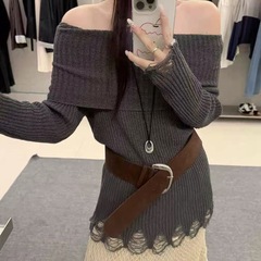 韩系一字领露肩长袖针织衫女秋毛边破洞坑条收腰显瘦上衣黑色均码