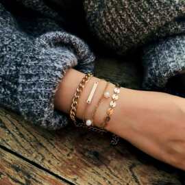 欧美跨境链条手饰女 简约珍珠流苏金属长条圆片多层几何手链