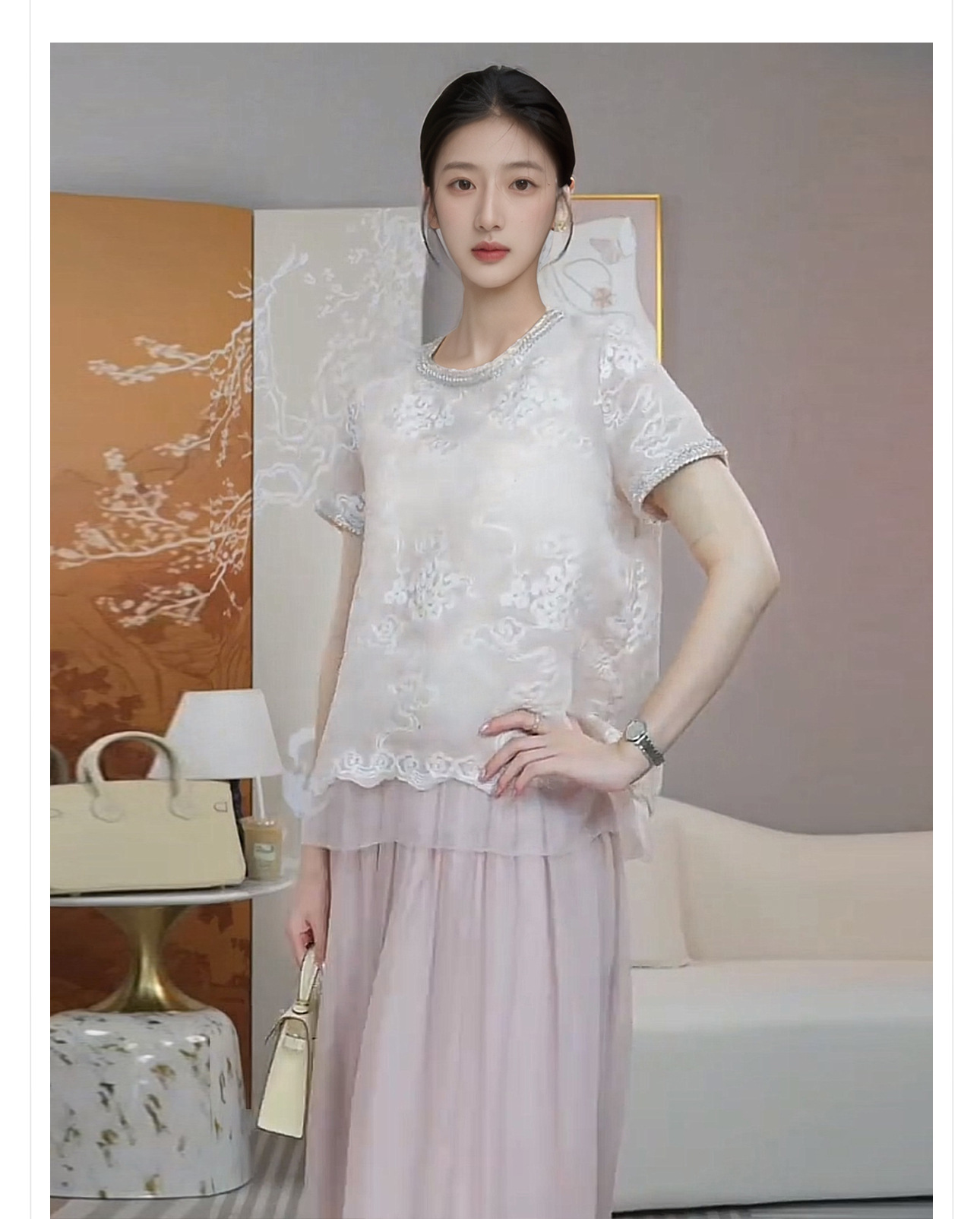 Bộ áo sơ mi và chân váy phong cách Trung Hoa mới, đính cườm tỉ mỉ, chất liệu cao cấp mùa hè — Quả mơ [Top], Màu hồng [trên cùng] chi tiết 2