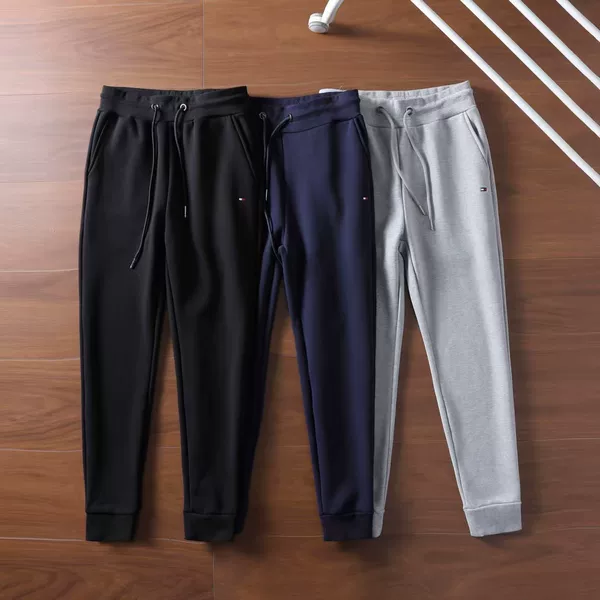 Winter Tommy Men's Sports Sweatpants with Embroidered Logo, Solid Color, Drawstring, Jogger Style, Fleece Lined, Thickened Casual Pants