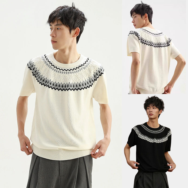 Isla de Fair camiseta de punto de manga corta camiseta de cuello redondo jacquard hombre viejo estilo casual hielo de verano fábrica transfronteriza mayorista