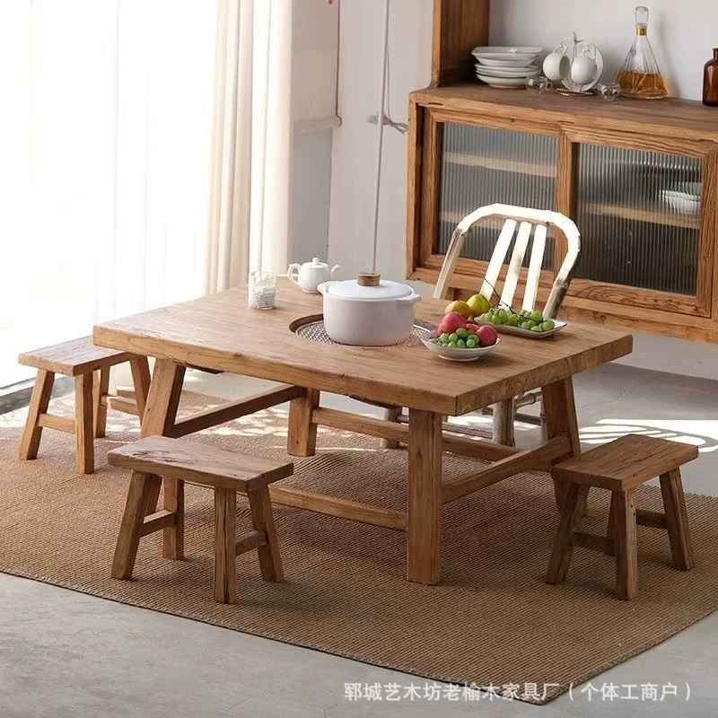 Новый старый вязовый стол для приготовления чая квадратный семейный ужин горячий горшок барбекю стол из цельного дерева балкон открытый чайный стол для чая