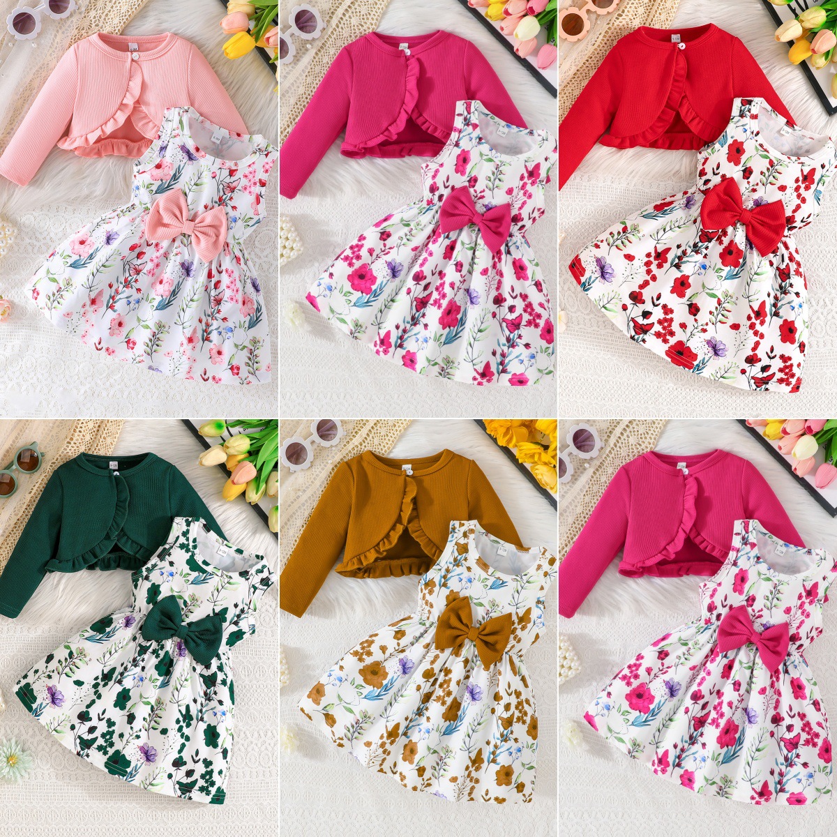 Cross-Border Trade Specializes in Solid Color Shawls and Sleeveless Dresses with Butterfly Decoration Printed Dress Sets