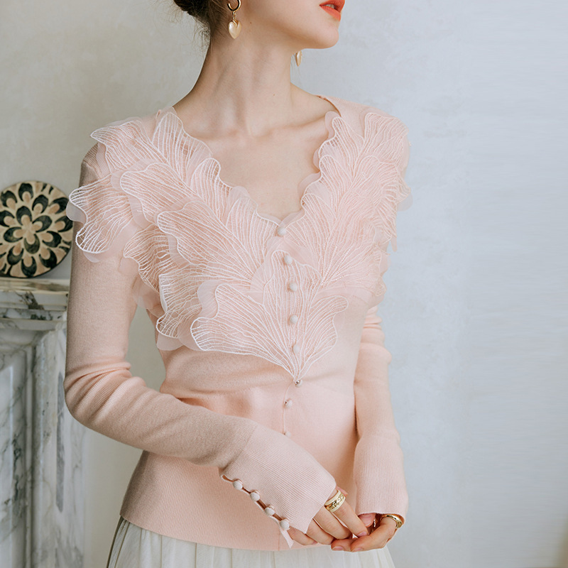Pink Feather Sheep Wool Sweater Bottoming Shirt for Women Autum Lace Autum High-End Wear Top