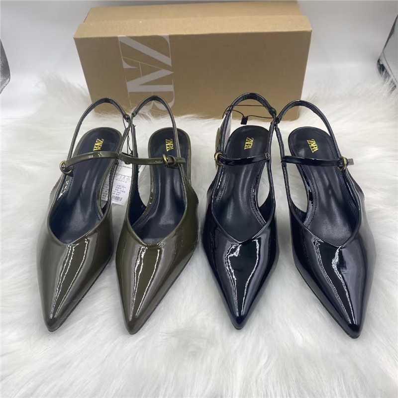 Za2025 New Autum Style Low-Heeled Shallow Mouth Ankle Strap Slingback Mule Shoes Pointed Toe Fashion Baota Niche Shoes