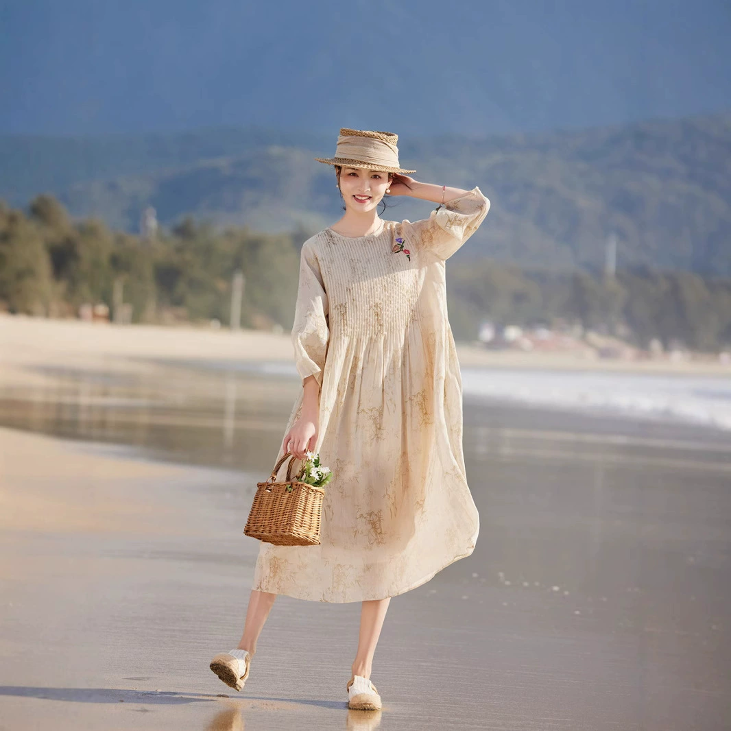 2025 летняя свободная талия с V-образным вырезом Тонкая рома с принтом с семью рукавами платье с V-образным вырезом