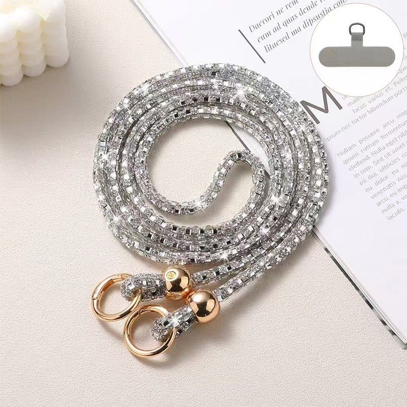 Luxurious and high-end rhinestone sequined mobile phone lanyard, fashionable gold bead long crossbody chain, sturdy and anti-loss rope pendant.