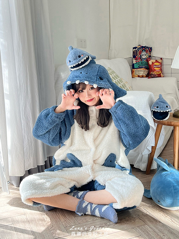 Luna Home Clothes Shark Coral and Velvet Pajamas Women's Men's Winter Cute Couple's Nightgown Flange Plush Nightgown One-Piece