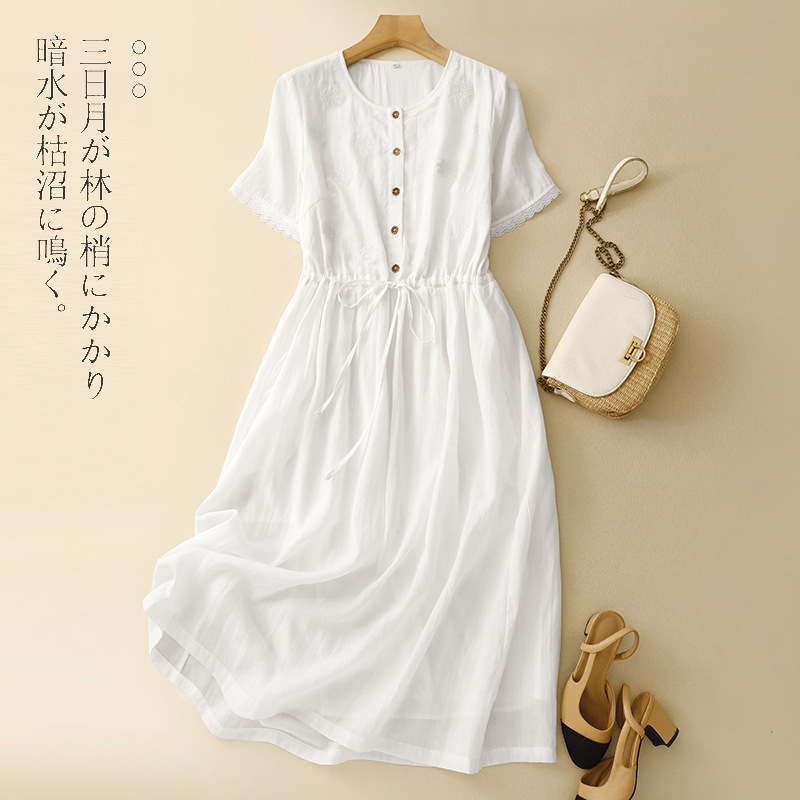High-end Cotton Linen White dress Women's 2024 New Summer Western Style Age-reducing Slimming Commuter Breathable Embroidered Skirt