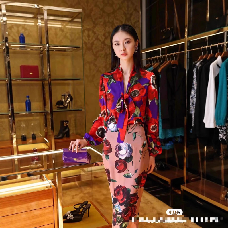 Light Luxury Socialite Style Retro Silk Anemone Flower Print Shirt Women's Lace-Up Bow Slimming Look Micro-Flared Sleeve Long-Sleeved Top