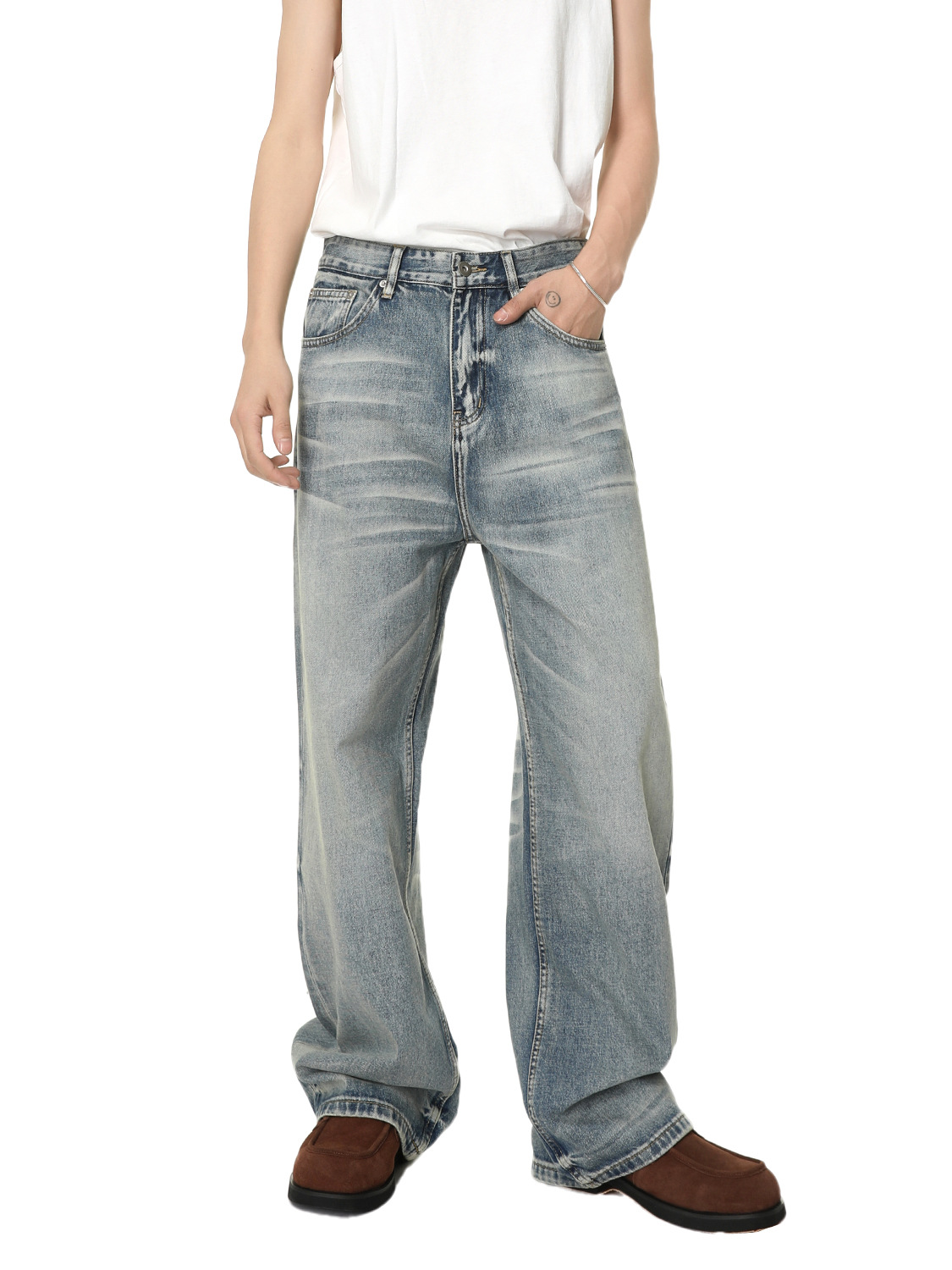 MTLCLOTHES Hombres| American retro vibe blanqueado hacer viejos estereoscópicos gatos barba patas anchas jeans rectos