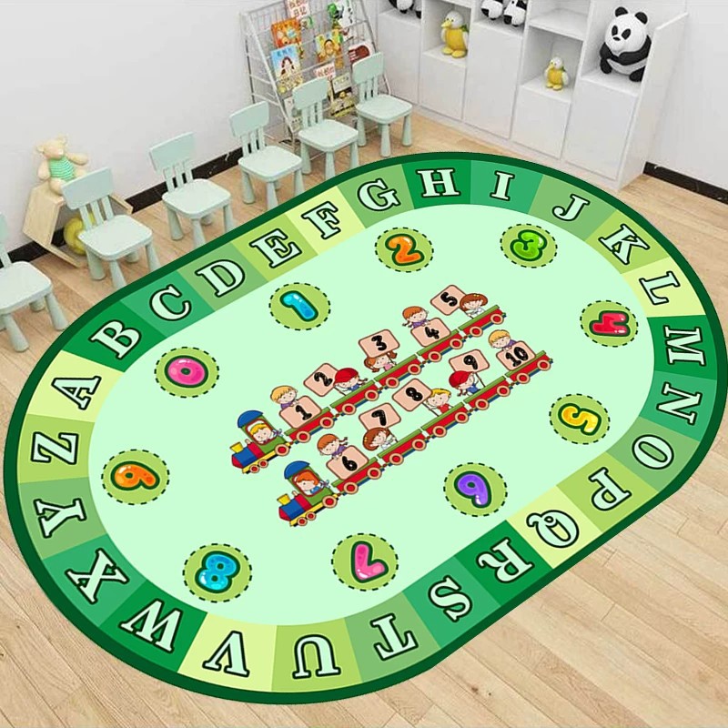 New Oval-Shaped Cartoon Crystal Velvet Carpet, Children's Room Reading Area Foot Mat, Kindergarten Game Mat