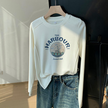 正肩纯棉圆领长袖t恤女打底衫时尚百搭洋气加厚款白色上衣秋冬季