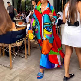 欧美跨境春季新款女装亚马逊宽松印花翻领纽扣衬衫连衣裙