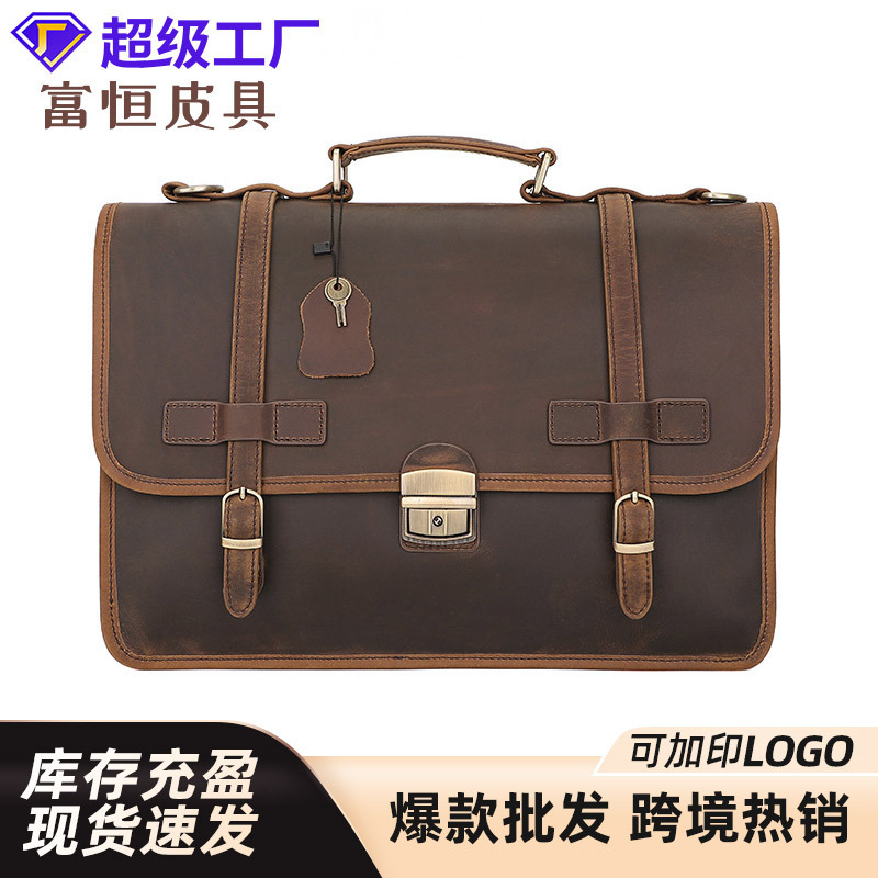 New vintage leather briefcase cross-border wholesale crazy horse leather 14 inch computer bag handbag shoulder diagonal men's bag