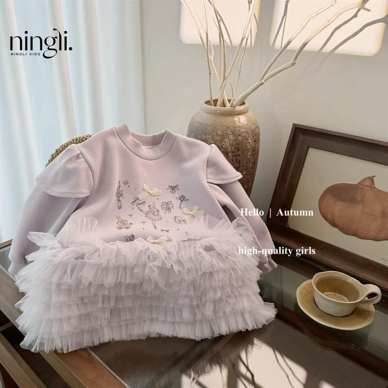 柠里童装2025秋冬装新款韩系女童小童卡通蕾丝花边网纱卫衣裙加绒