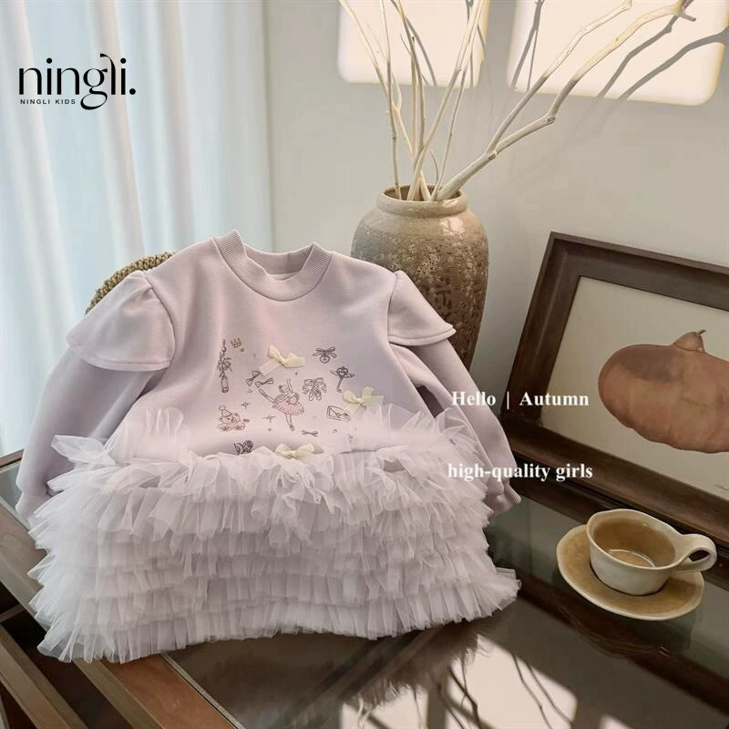 Детская одежда Ningli, осень-зима 2021, новый корейский стиль, кружевная сетчатая толстовка с героями мультфильмов для девочек и детей, юбка на флисовой подкладке