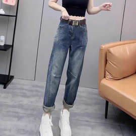 复古弹力老爹牛仔裤女2026夏天新款高腰显瘦宽松百搭九分哈伦裤子
