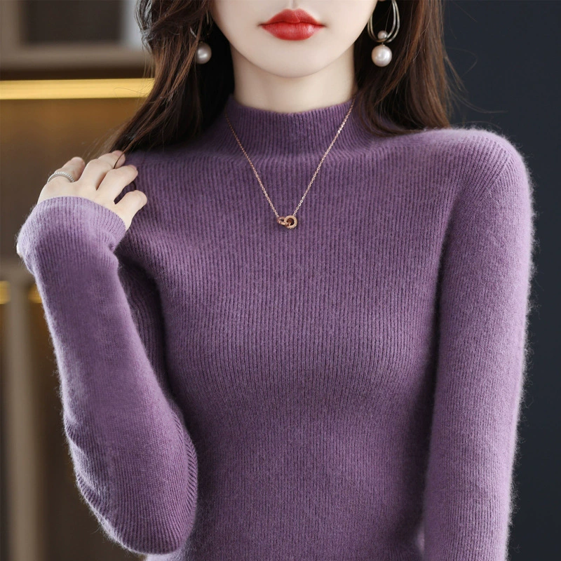 Demi-season woolen knitted sweater, slim fit, high collar, tight