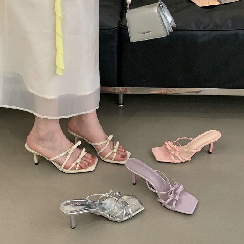 2025 New Summer Style Square Toe Stiletto Bow Sandals Women's Shoes Sexy Versatile Holiday High Heels Open Toe Slippers