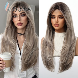Wig Women's Middle Black Brown Headgear Chemical Fiber High Temperature Silk Cross-border Multi-layer Long Straight Hair Soft Natural Salt