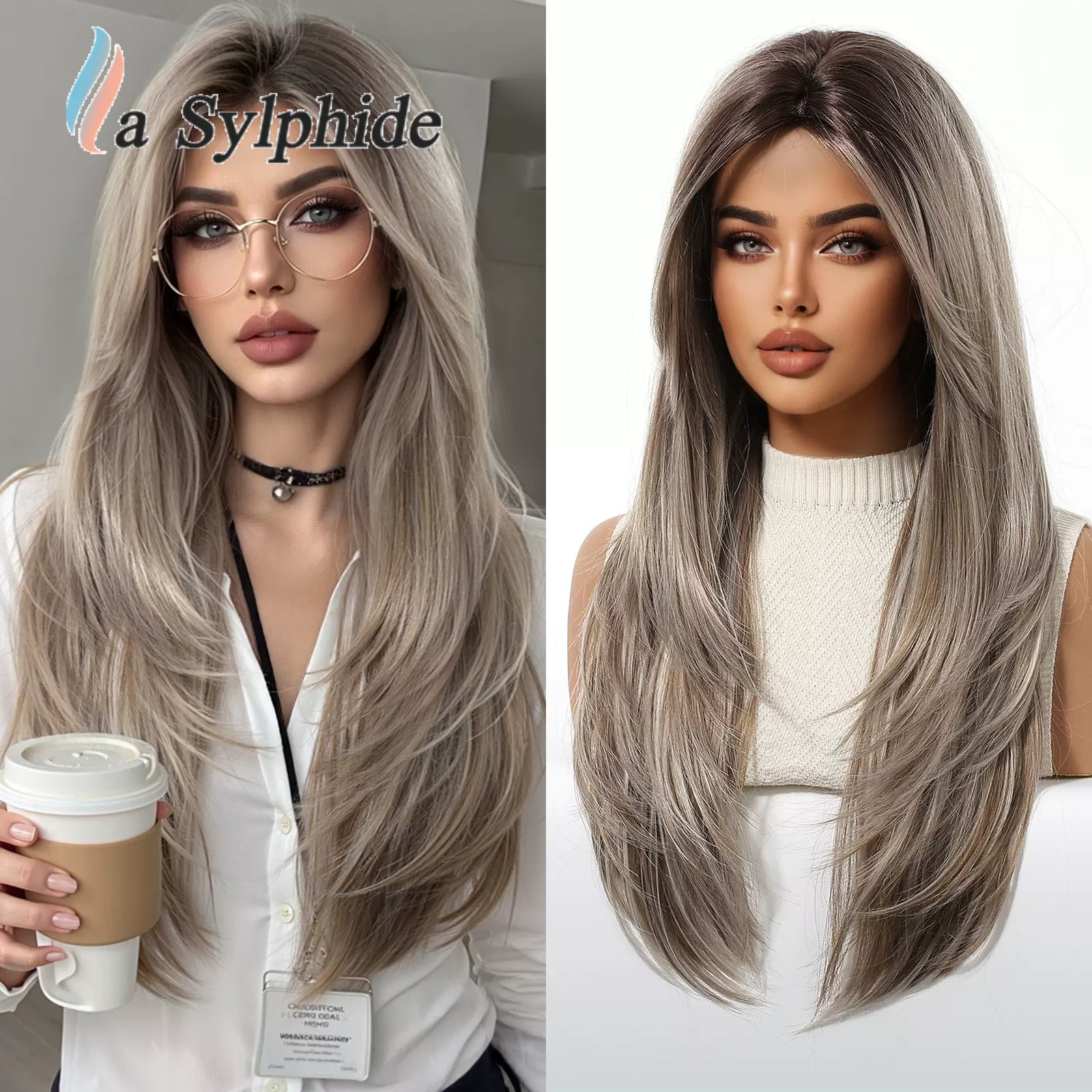 假发女中分黑色棕色头套化纤高温丝跨境多层次长直发柔顺自然盐巴