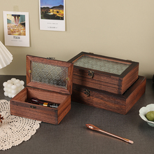 木质复古杂物储物箱家用桐木防尘翻盖首饰盒海棠花玻璃木质工艺品