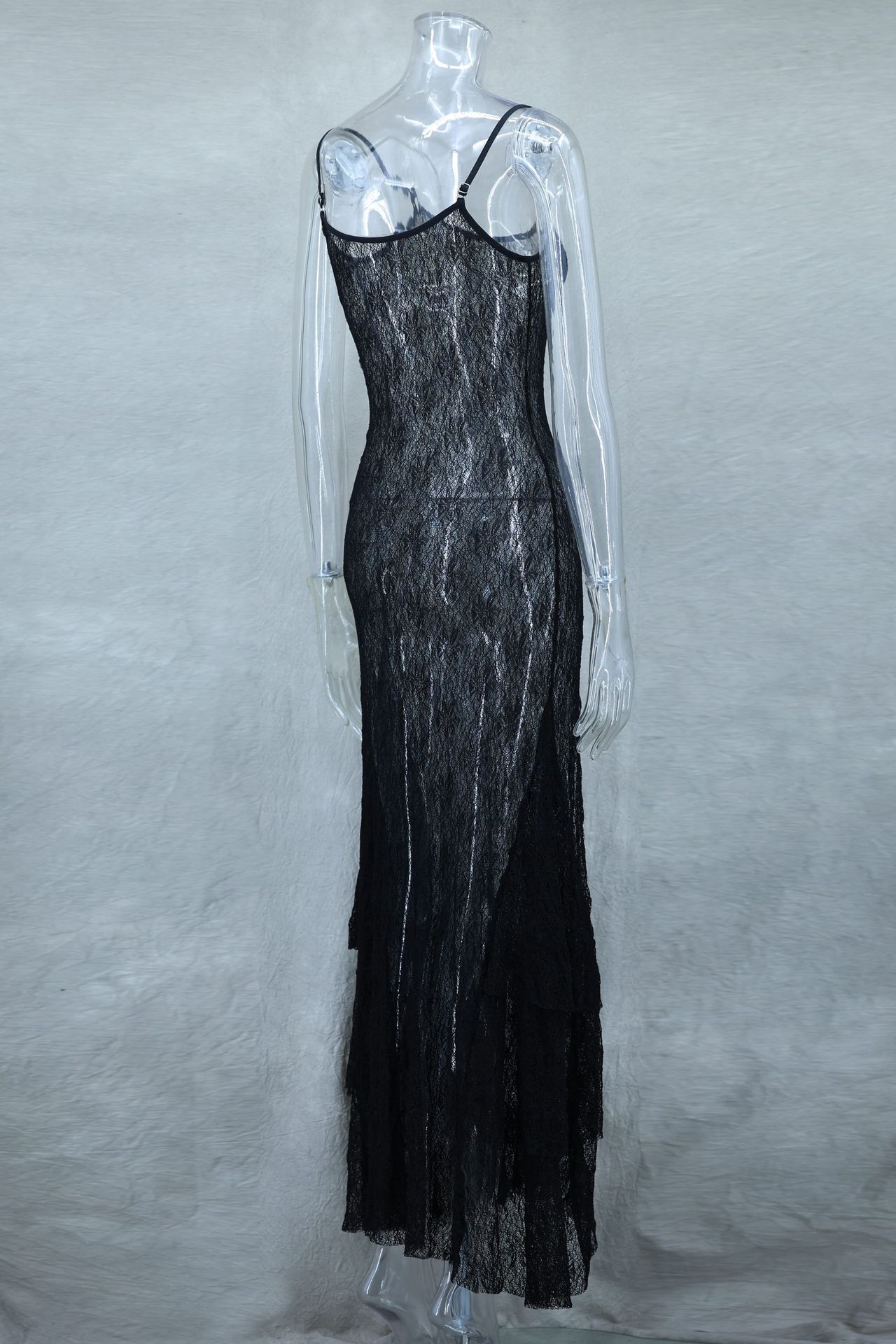 Sexy Lace See through Layered Thin Shoulder Strap Maxi Dress