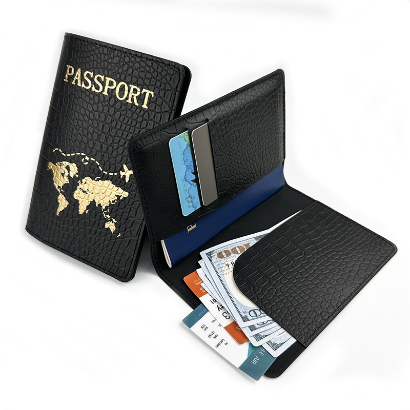 Spot Cross-border PU cuero patrón de cocodrilo protección de pasaporte este conjunto de clip de pasaporte de cuero estampado en caliente mapa bolsa de pasaporte en blanco y negro
