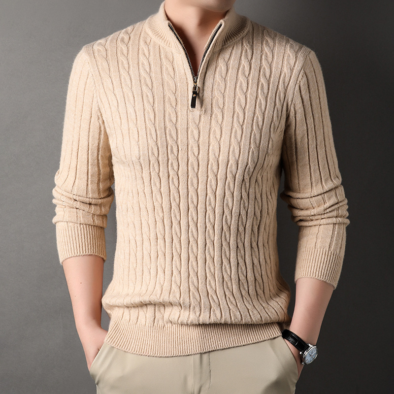 Cross-Border Hot-Selling Autumn and Winter Men's Pullover Sweater Half-Zip Design Retro Twisted Striped Solid Color Knitted Long-Sleeved Men's Sweater