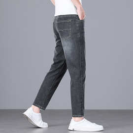 高端青年牛仔裤男九分潮牌男装修身小直筒9分裤水洗磨白牛子裤 男