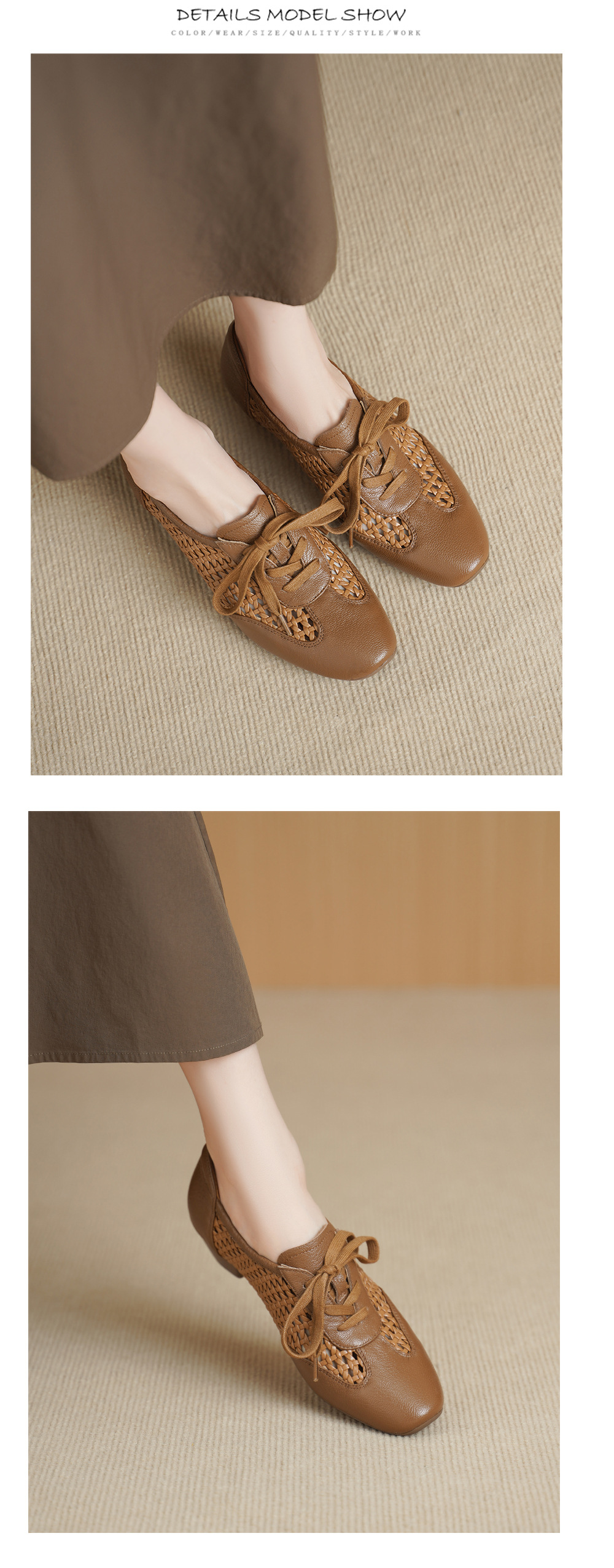 Giày sneaker nữ da cừu lỗ rỗng phong cách DeTrain đế mềm — Vàng nâu chi tiết 11