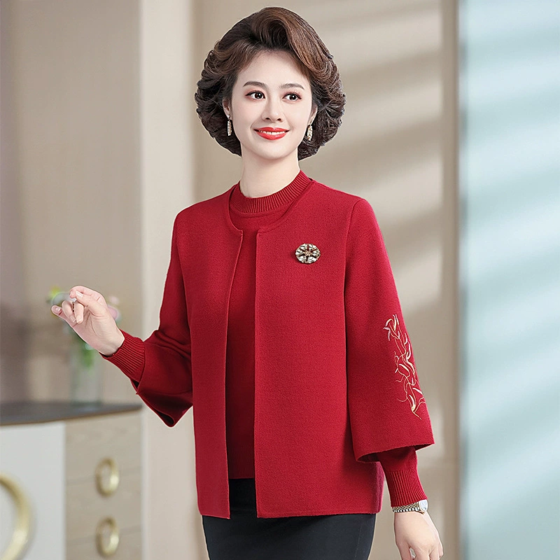 Осенняя одежда для мам, красный вязаный костюм из двух частей, весенне-осеннее пальто, одежда для женщин среднего и пожилого возраста, счастливая теща, свадебная Банкетная одежда