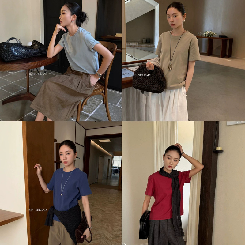 6UP Early Autumn Korean Minimalist Solid Color Cotton T-Shirt Short Sleeve Versatile Old Money Style Commuting Top Base Layer 61089