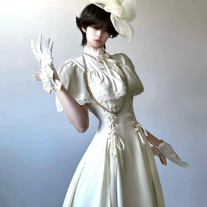 Showa White Moonlight Элегантный дизайн в готическом стиле с прозрачным женственным кружевным платьем с короткими рукавами на талии, летнее платье