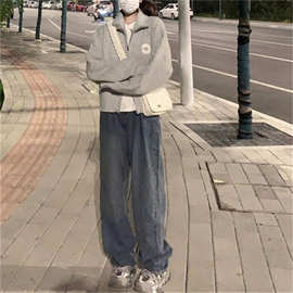 2024秋冬新款时尚百搭美式双拉链灰色针织长袖毛衣女设计感开衫女