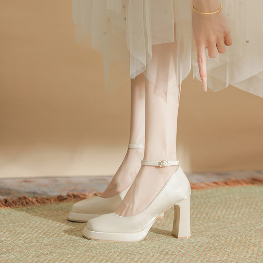 White Platform High Heels Women's Thick Heel Mary Jane Satin Square Heel Bridal Shoes Wedding Shoes Wedding Shoes
