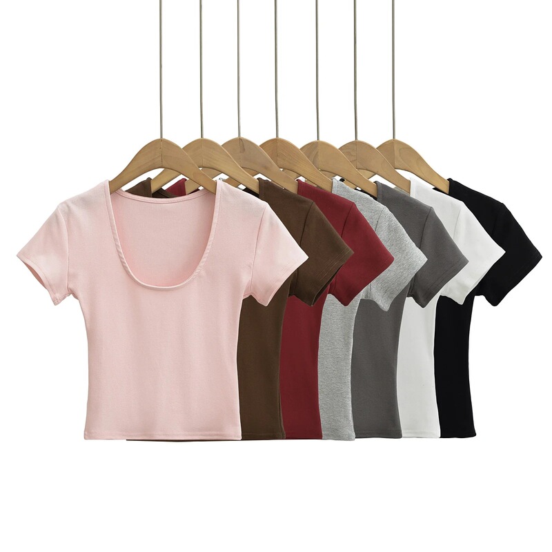 Spice Girls Low-cut Collar Short-sleeved T-shirt Women's Summer 2024 New All-match Sexy Tight T-shirt Short Top Ins