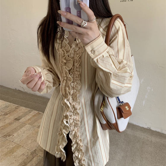 Striped Shirt Women's Design Sense Smaller New Chinese Style Wood-ear Long-sleeved Retro Casual Lazy Stacked Top Jacket